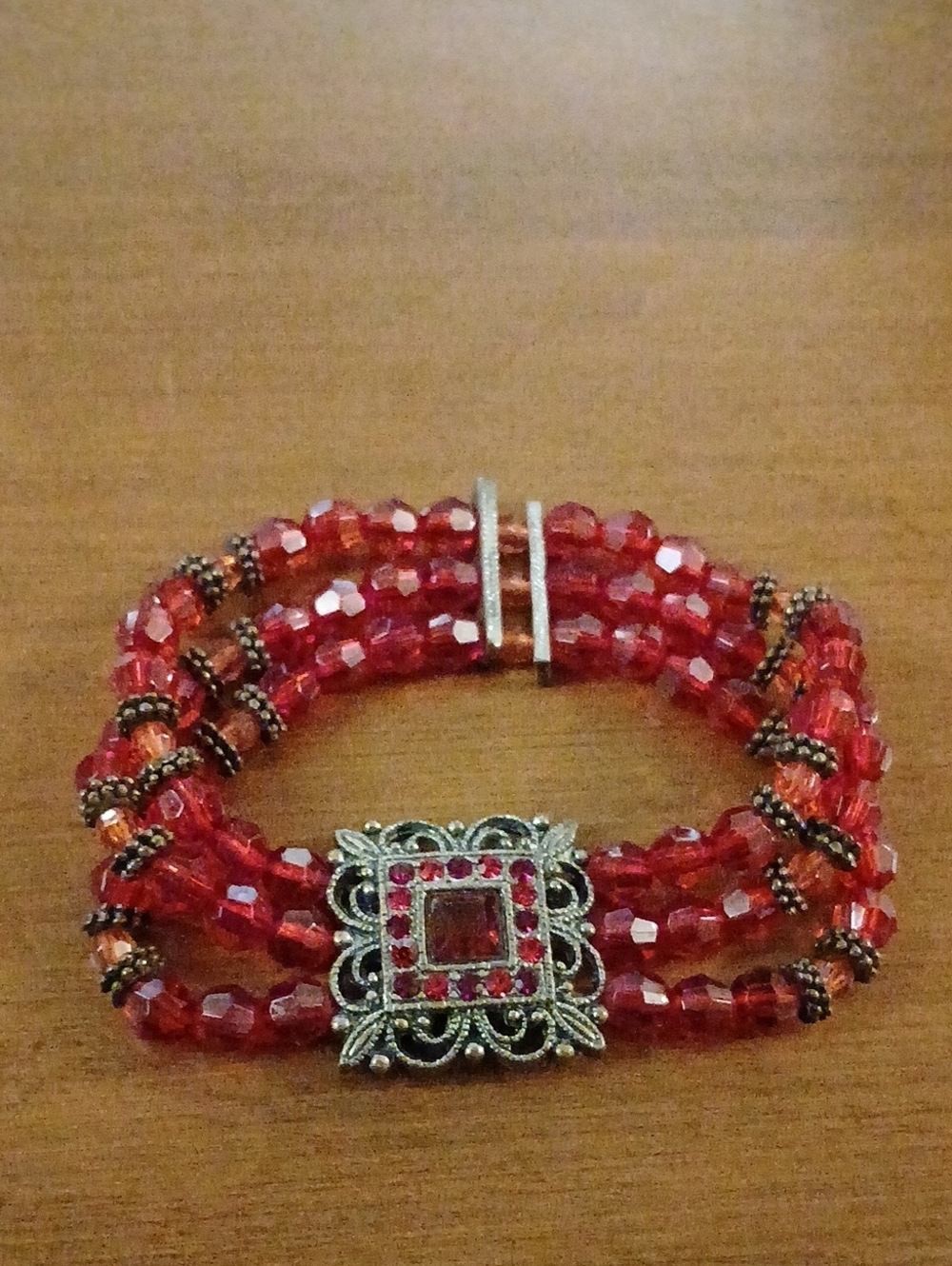 Red Beaded Multi-Strand Stretchy  Bracelet With Red Gemstones
